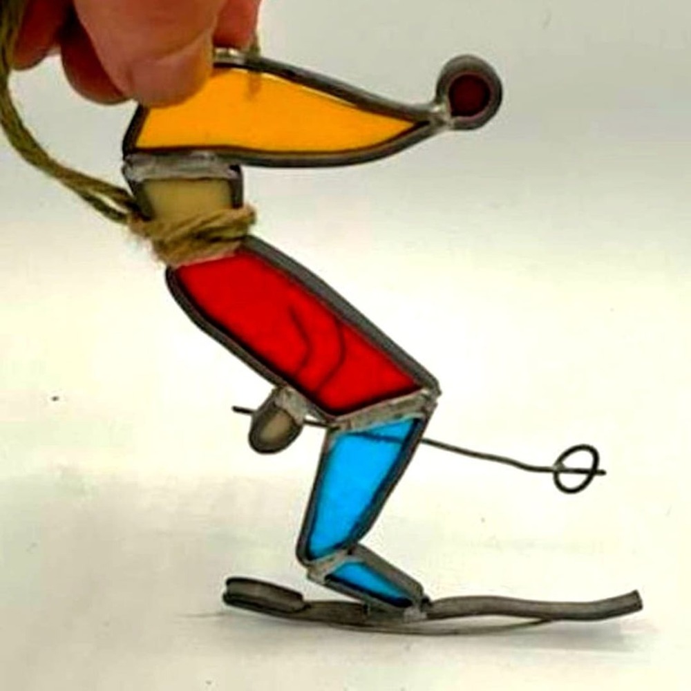 Vintage Hand Crafted Stained Glass Skier Suncatcher Ornament with Lead Came